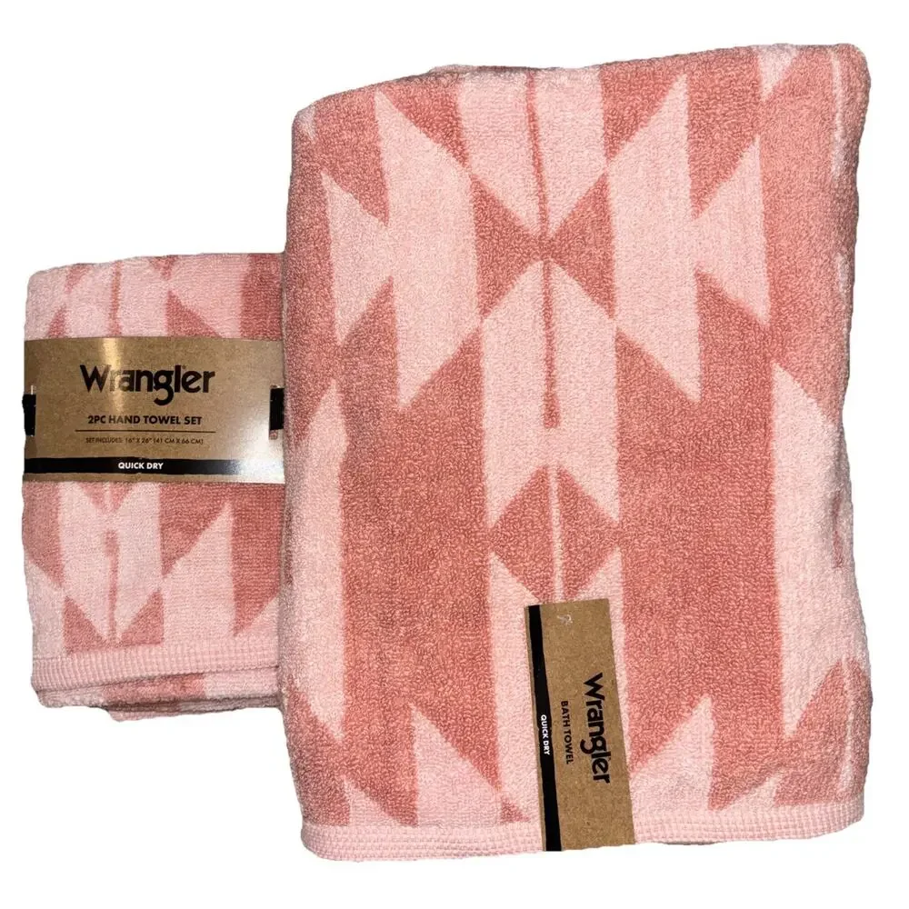 Wrangler Southwest Diamond Pink Aztec Western Cowboy 2 Bath & 2 Hand Towel New